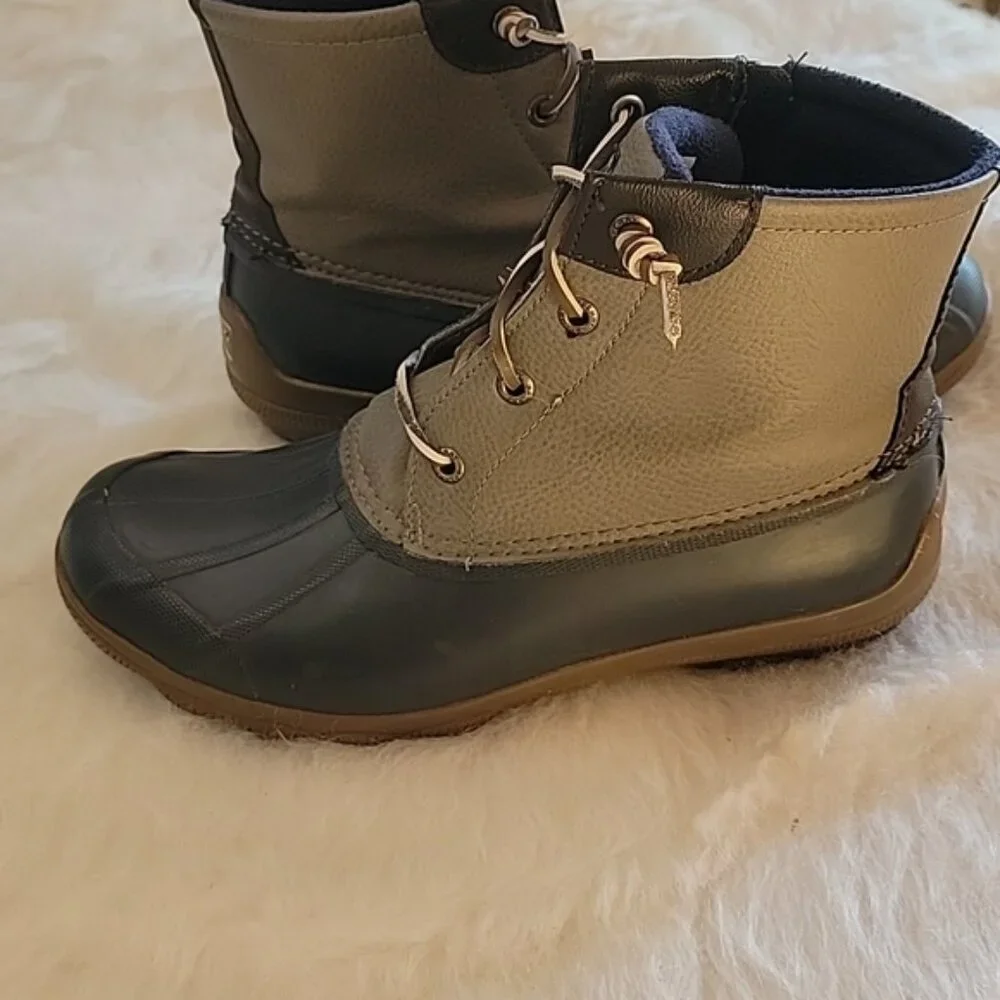 SPERRY Saltwater Blue Gray Lace Up Side Zip Preppy Waterproof Rain Duck Boots‎ 7